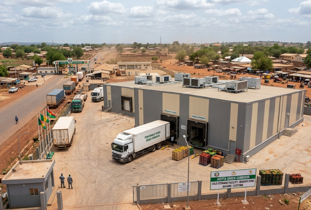 Cold storage facility at West African border crossing, critical infrastructure for reducing agricultural spoilage and AfCFTA green corridor efficiency