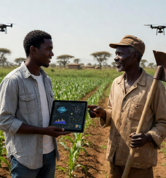 Researcher-farmer bridging academic AI models and real African smallholder farming practices in a field setting, highlighting farmer trust, technology adoption, and context-driven agricultural innovation.