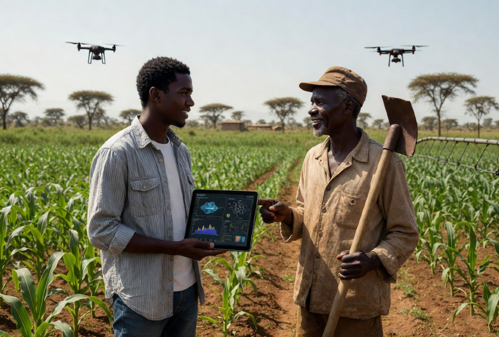 Researcher-farmer bridging academic AI models and real African smallholder farming practices in a field setting, highlighting farmer trust, technology adoption, and context-driven agricultural innovation.