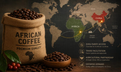 A bag of premium African coffee beans beside a world map highlighting trade routes between Africa and China, representing Beijing's expanded zero-tariff agricultural trade framework.