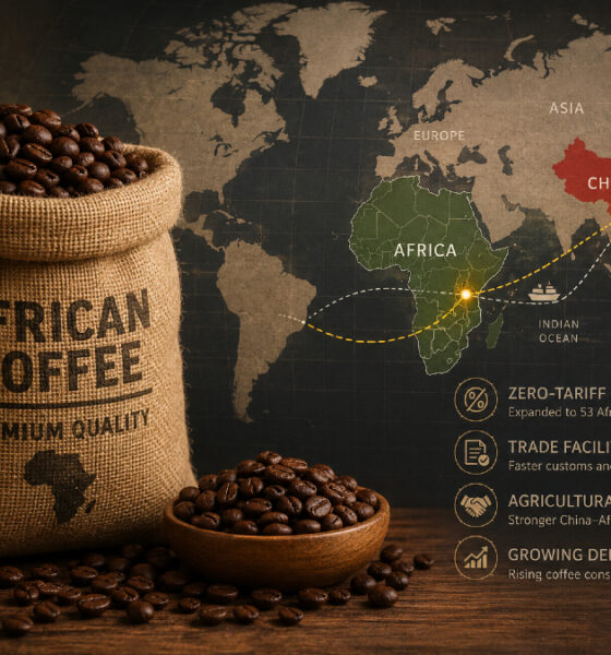 A bag of premium African coffee beans beside a world map highlighting trade routes between Africa and China, representing Beijing's expanded zero-tariff agricultural trade framework.