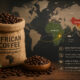 A bag of premium African coffee beans beside a world map highlighting trade routes between Africa and China, representing Beijing's expanded zero-tariff agricultural trade framework.