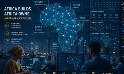 African AI model development concept showing data networks, local languages (Kiswahili, Yoruba, Hausa, Amharic, Zulu,), and digital infrastructure across Africa, highlighting AI sovereignty, regional datasets, and technology-driven economic growth