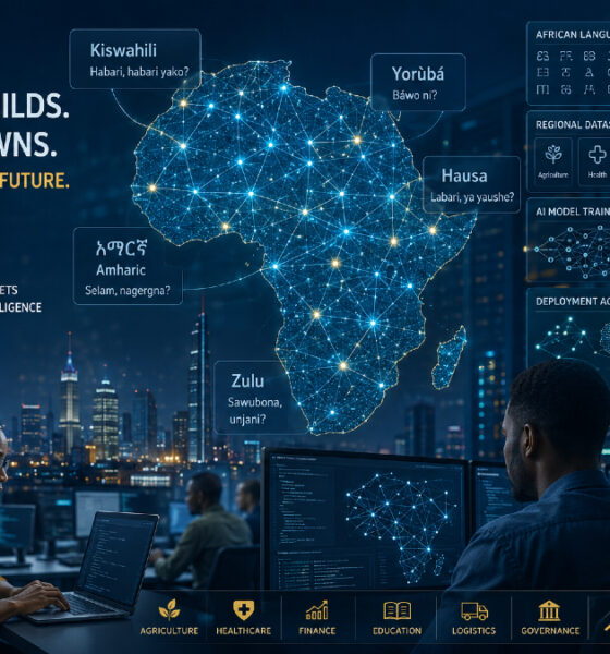 African AI model development concept showing data networks, local languages (Kiswahili, Yoruba, Hausa, Amharic, Zulu,), and digital infrastructure across Africa, highlighting AI sovereignty, regional datasets, and technology-driven economic growth