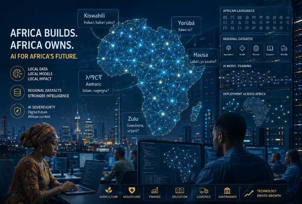 African AI model development concept showing data networks, local languages (Kiswahili, Yoruba, Hausa, Amharic, Zulu,), and digital infrastructure across Africa, highlighting AI sovereignty, regional datasets, and technology-driven economic growth
