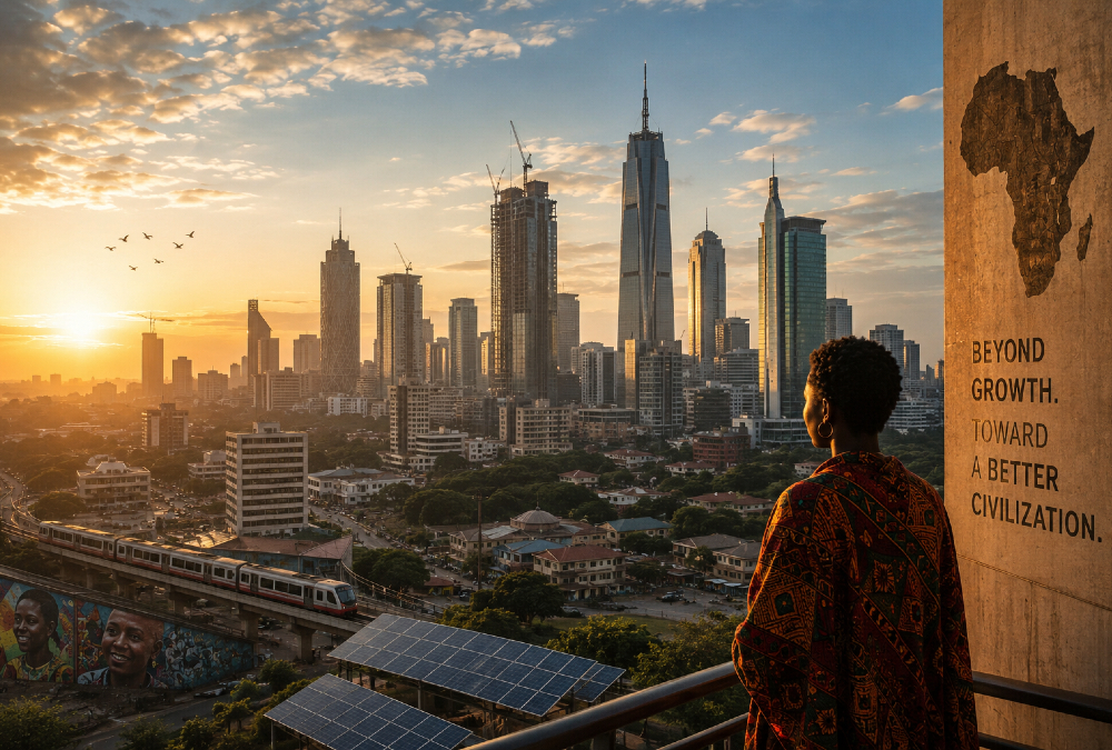 A symbolic image of Africa's skyline at dawn, representing the continent's economic rise and the deeper question of what kind of civilization it is building beyond GDP growth.
