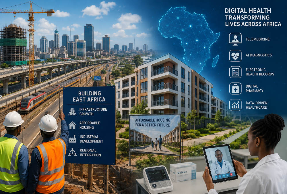 East Africa urban construction boom and digital health innovation, highlighting Kenya infrastructure growth, housing development, and technology-driven healthcare transformation across Africa