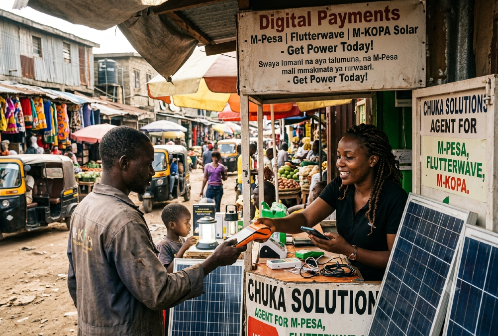 African startups innovating inside chaos - M-Pesa, Flutterwave, and M-KOPA solving real-world challenges in informal economies.