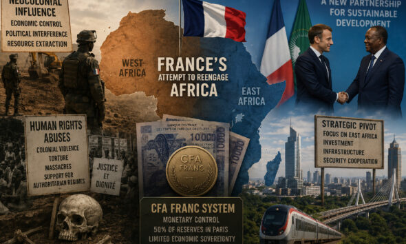 France’s attempt to reengage Africa highlighting CFA franc monetary control, neocolonial influence in West Africa, human rights legacy, and strategic pivot toward East Africa amid declining political and economic influence.