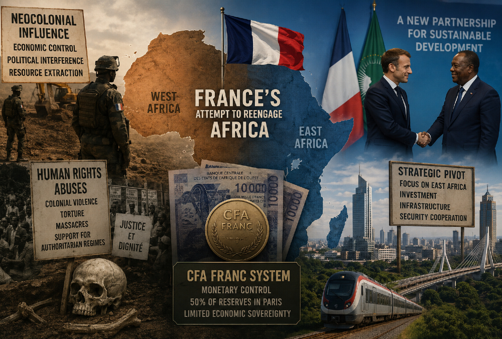 France’s attempt to reengage Africa highlighting CFA franc monetary control, neocolonial influence in West Africa, human rights legacy, and strategic pivot toward East Africa amid declining political and economic influence.