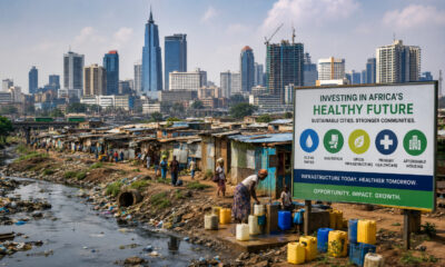 African urban skyline with informal settlements, highlighting rapid urbanization, sanitation challenges, environmental health risks, and investment opportunities in infrastructure, clean water, and sustainable city development.
