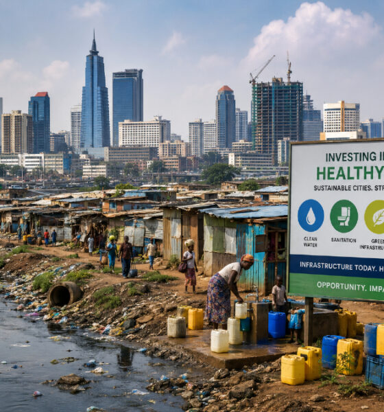 African urban skyline with informal settlements, highlighting rapid urbanization, sanitation challenges, environmental health risks, and investment opportunities in infrastructure, clean water, and sustainable city development.