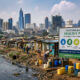 African urban skyline with informal settlements, highlighting rapid urbanization, sanitation challenges, environmental health risks, and investment opportunities in infrastructure, clean water, and sustainable city development.