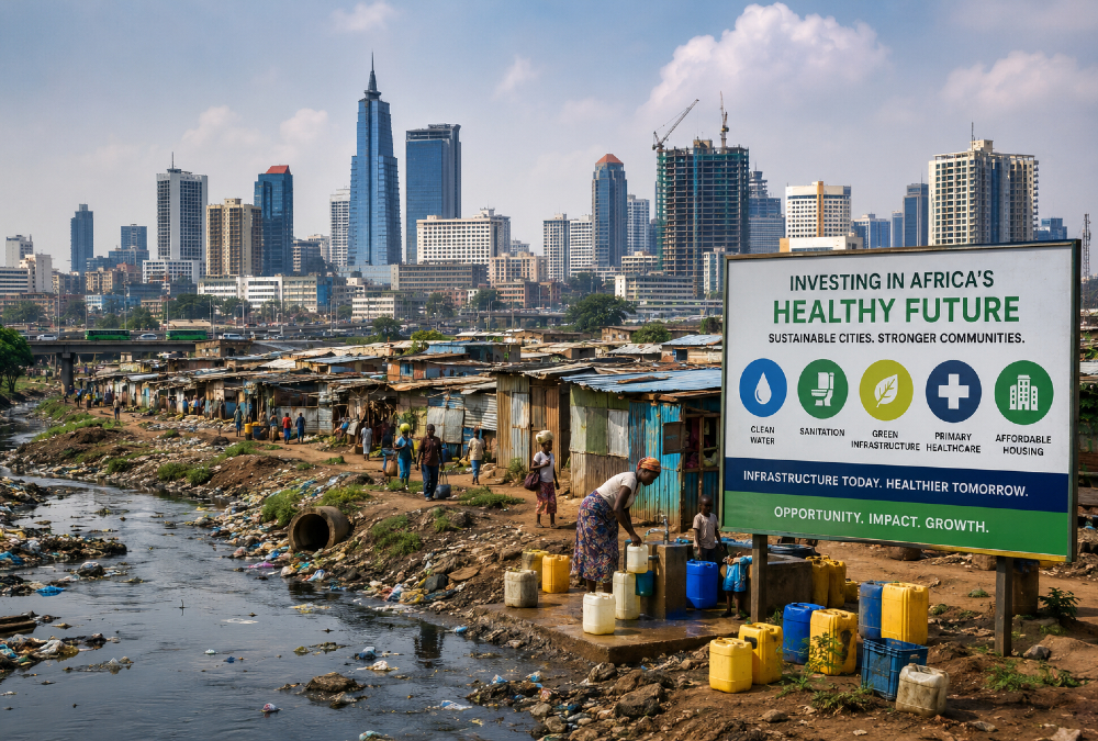 African urban skyline with informal settlements, highlighting rapid urbanization, sanitation challenges, environmental health risks, and investment opportunities in infrastructure, clean water, and sustainable city development.