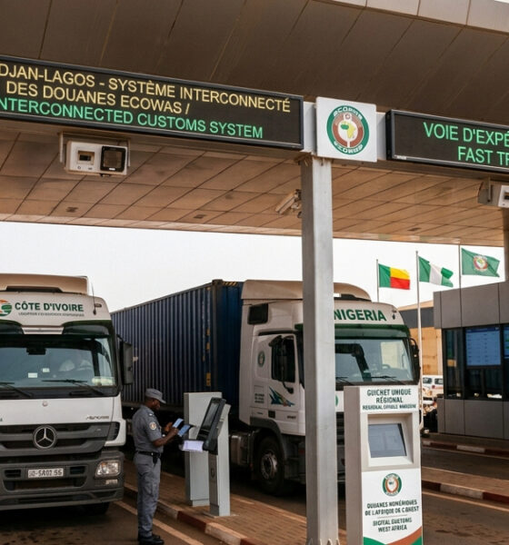 Digital trade infrastructure in West Africa showing interconnected customs systems and border crossing technology along the Abidjan-Lagos Corridor