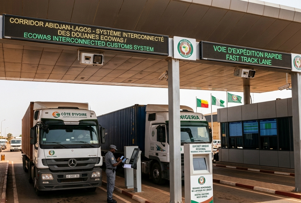 Digital trade infrastructure in West Africa showing interconnected customs systems and border crossing technology along the Abidjan-Lagos Corridor