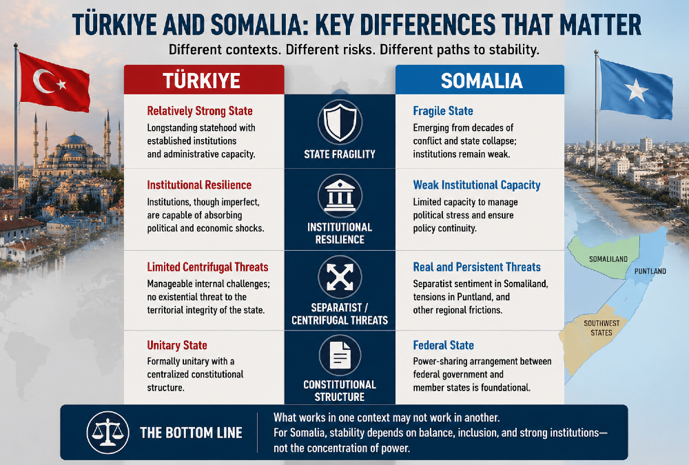 Chart showing differences between Türkiye and Somalia: state fragility, institutional resilience, separatist threats, and constitutional structures
