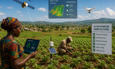 AI in African agriculture concept showing farmers using drones, sensors, and satellite data to improve crop yields, monitor soil health, and enhance food security across diverse farming landscapes.