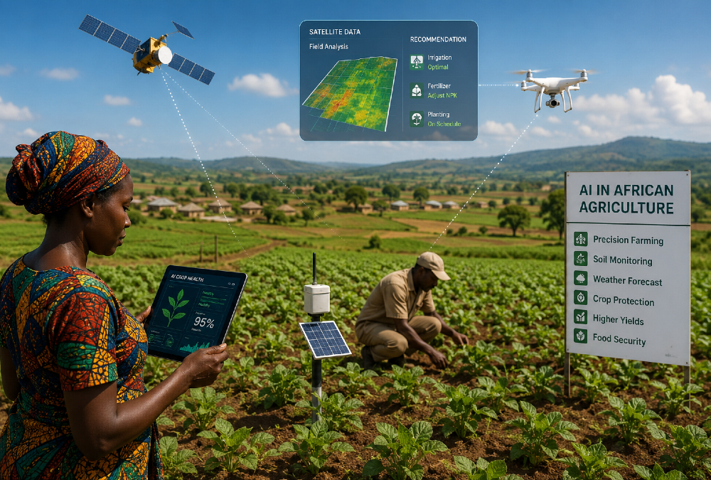 AI in African agriculture concept showing farmers using drones, sensors, and satellite data to improve crop yields, monitor soil health, and enhance food security across diverse farming landscapes.