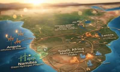 Southern Africa industrialization map highlighting South Africa manufacturing hubs, Angola offshore oil projects, Namibia green hydrogen projects, Zambia copper processing, and regional mineral resources driving future industrial growth