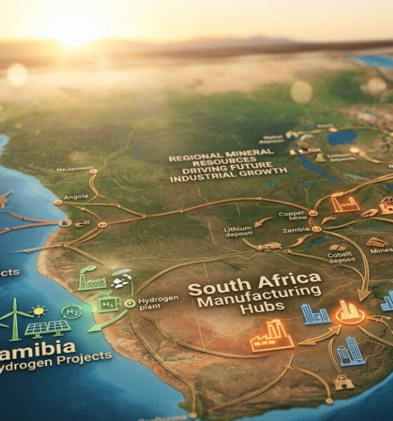 Southern Africa industrialization map highlighting South Africa manufacturing hubs, Angola offshore oil projects, Namibia green hydrogen projects, Zambia copper processing, and regional mineral resources driving future industrial growth