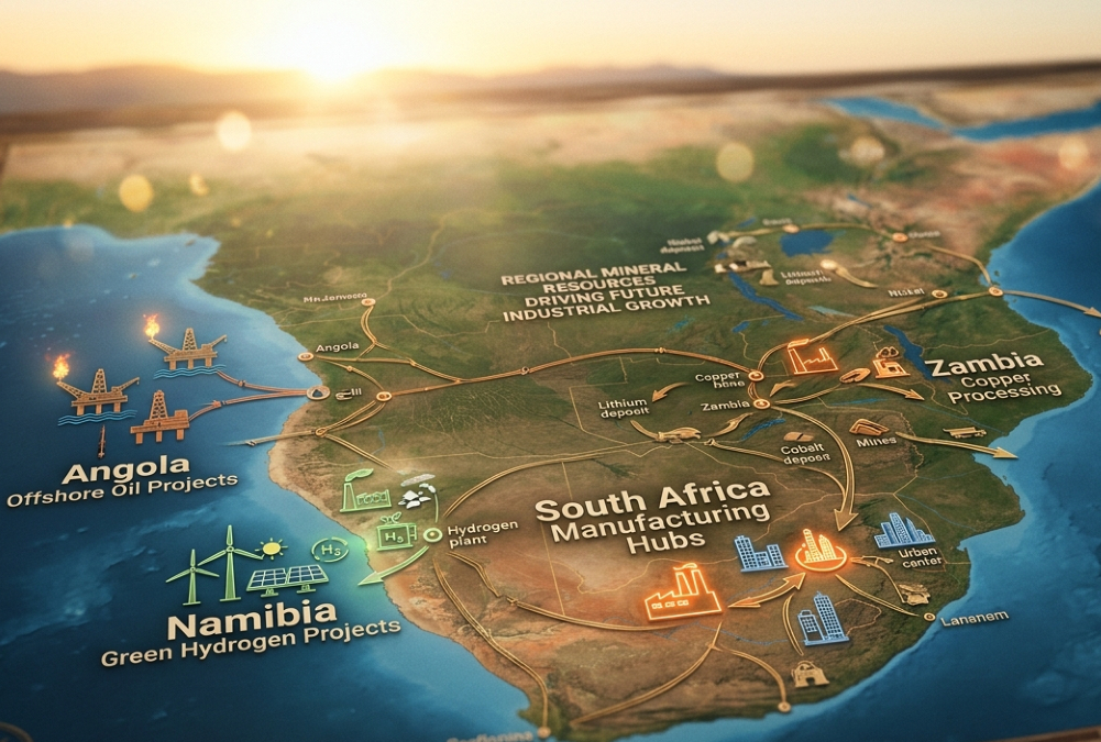 Southern Africa industrialization map highlighting South Africa manufacturing hubs, Angola offshore oil projects, Namibia green hydrogen projects, Zambia copper processing, and regional mineral resources driving future industrial growth