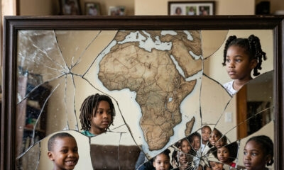 Cracked mirror reflecting both African motherland and scattered diaspora children, symbolizing wholeness.