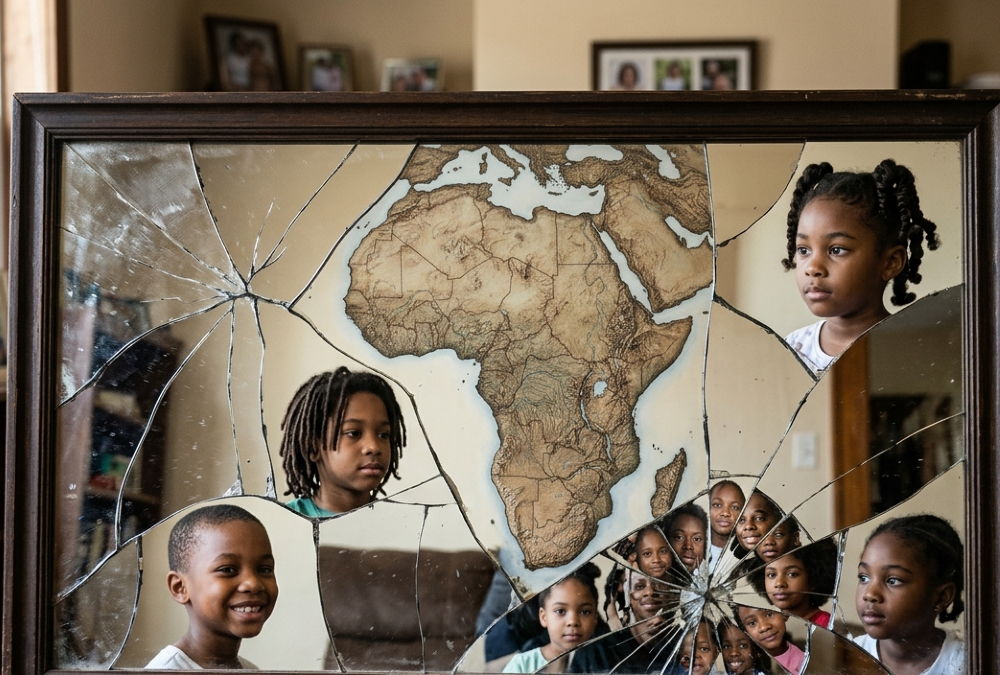 Cracked mirror reflecting both African motherland and scattered diaspora children, symbolizing wholeness.