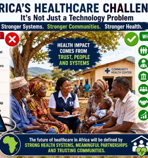 Infographic showing that Africa's healthcare challenges require strengthened health systems and community trust rather than just digital health technology solutions