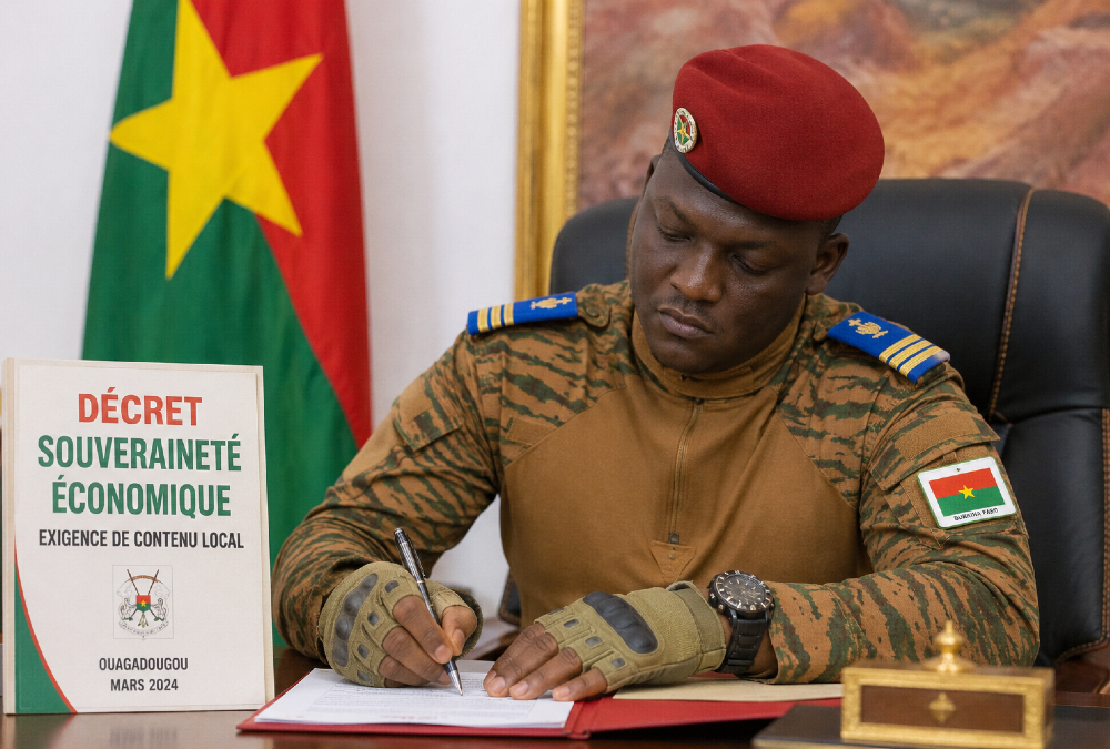 Captain Ibrahim Traoré signing economic sovereignty decree in Ouagadougou, reinforcing local content requirements