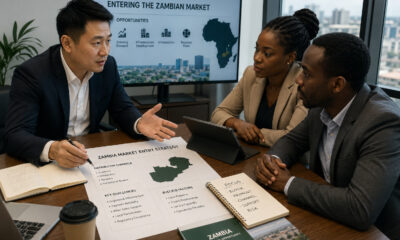Chinese factory owner reviewing African market entry strategy with distribution and operational challenges in Zambia.