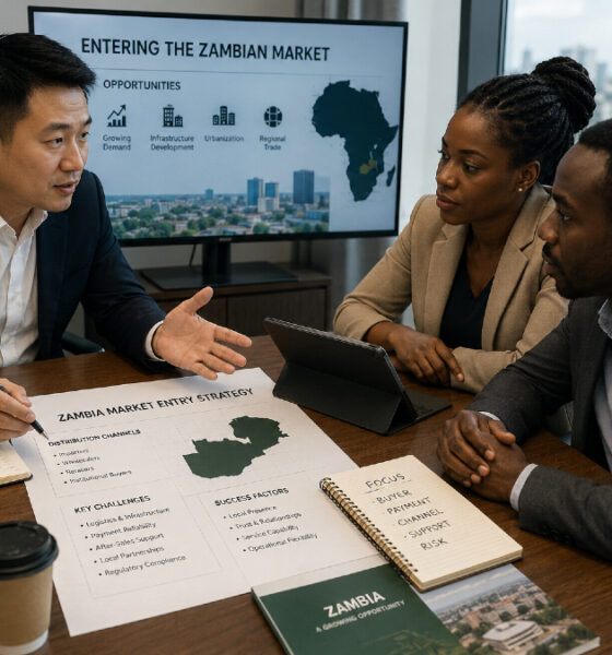 Chinese factory owner reviewing African market entry strategy with distribution and operational challenges in Zambia.