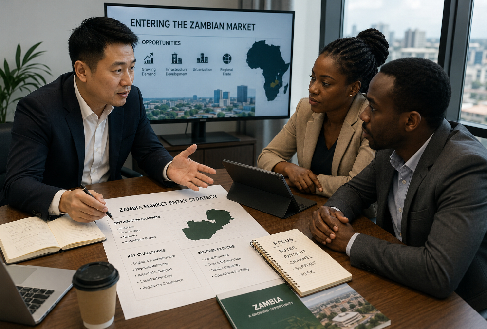 Chinese factory owner reviewing African market entry strategy with distribution and operational challenges in Zambia.
