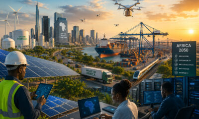 Future African industries: solar panels, digital technology, and modern port infrastructure representing Africa's economic transformation by 2050