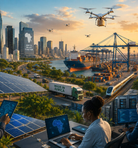 Future African industries: solar panels, digital technology, and modern port infrastructure representing Africa's economic transformation by 2050