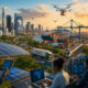 Future African industries: solar panels, digital technology, and modern port infrastructure representing Africa's economic transformation by 2050