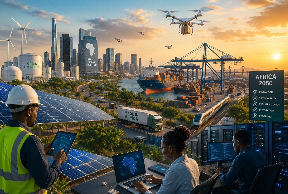 Future African industries: solar panels, digital technology, and modern port infrastructure representing Africa's economic transformation by 2050