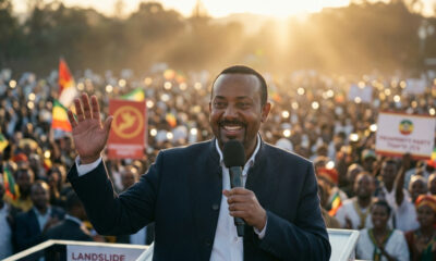 Ethiopian Prime Minister Abiy Ahmed addressing supporters after his party's landslide election victory, with the Nile River dispute and Horn of Africa tensions in the background.