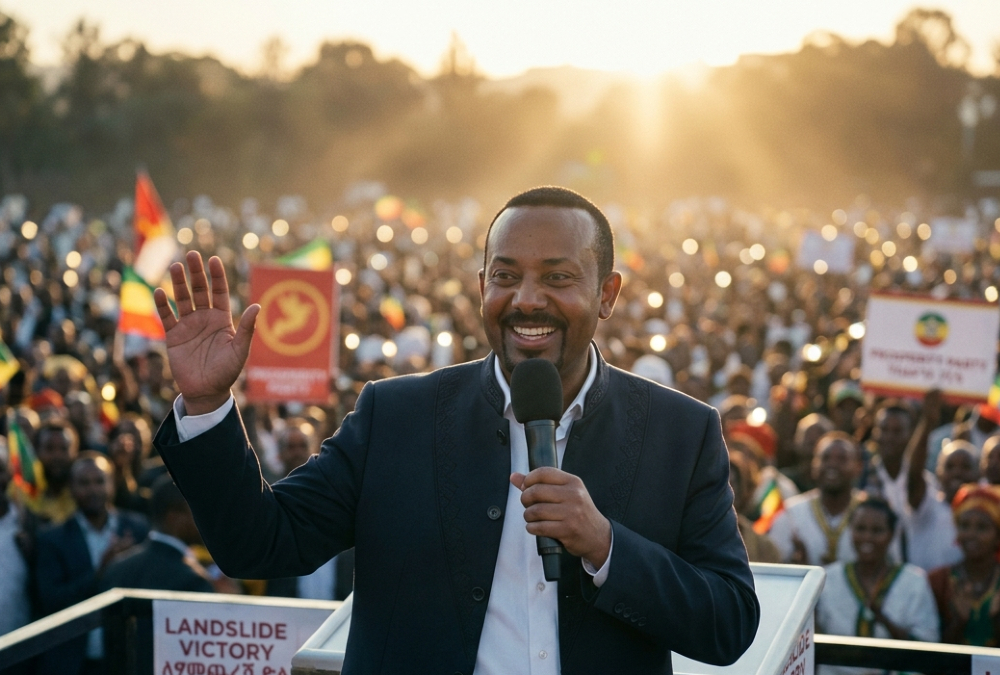 Ethiopian Prime Minister Abiy Ahmed addressing supporters after his party's landslide election victory, with the Nile River dispute and Horn of Africa tensions in the background.