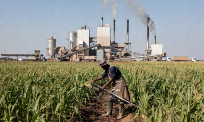 African farmer harvesting crops while food processing facility operates in background, illustrating Africa's agriculture paradox