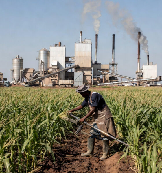 African farmer harvesting crops while food processing facility operates in background, illustrating Africa's agriculture paradox