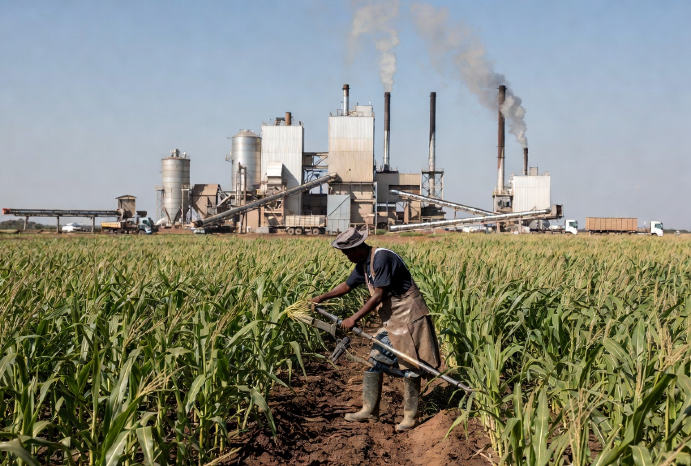 African farmer harvesting crops while food processing facility operates in background, illustrating Africa's agriculture paradox