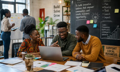 Young African entrepreneurs building startups, collaborating in small offices, and driving job creation and economic growth across local communities in Africa