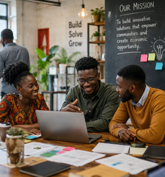 Young African entrepreneurs building startups, collaborating in small offices, and driving job creation and economic growth across local communities in Africa