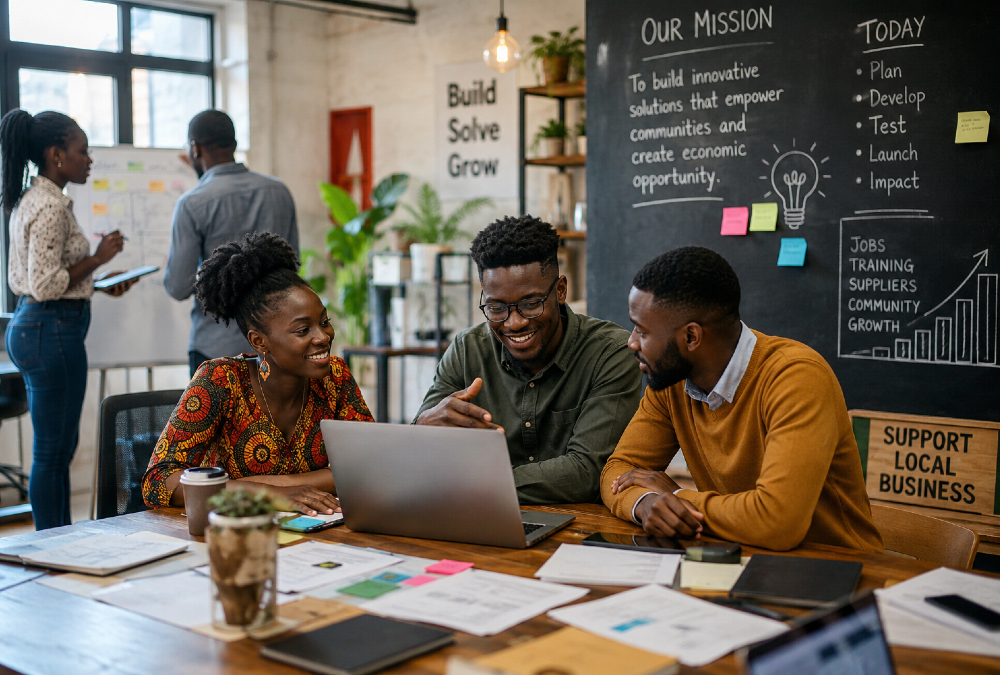 Young African entrepreneurs building startups, collaborating in small offices, and driving job creation and economic growth across local communities in Africa