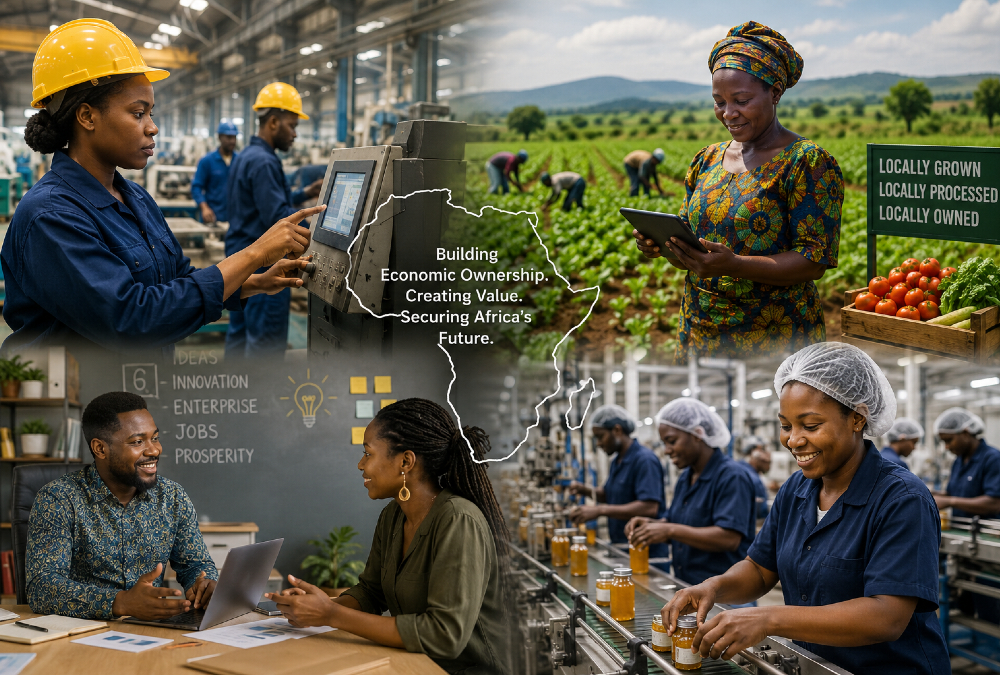 African entrepreneurs, farmers, and workers building economic ownership through local industries, innovation, and value creation across the continent