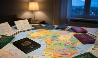 Please generate a realistic image of dimensions 1536 by 1024 from the following theme: African passports and visa stamps arrayed on a map, representing the growing movement toward visa-free travel and policy diffusion across the continent.