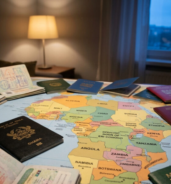 Please generate a realistic image of dimensions 1536 by 1024 from the following theme: African passports and visa stamps arrayed on a map, representing the growing movement toward visa-free travel and policy diffusion across the continent.