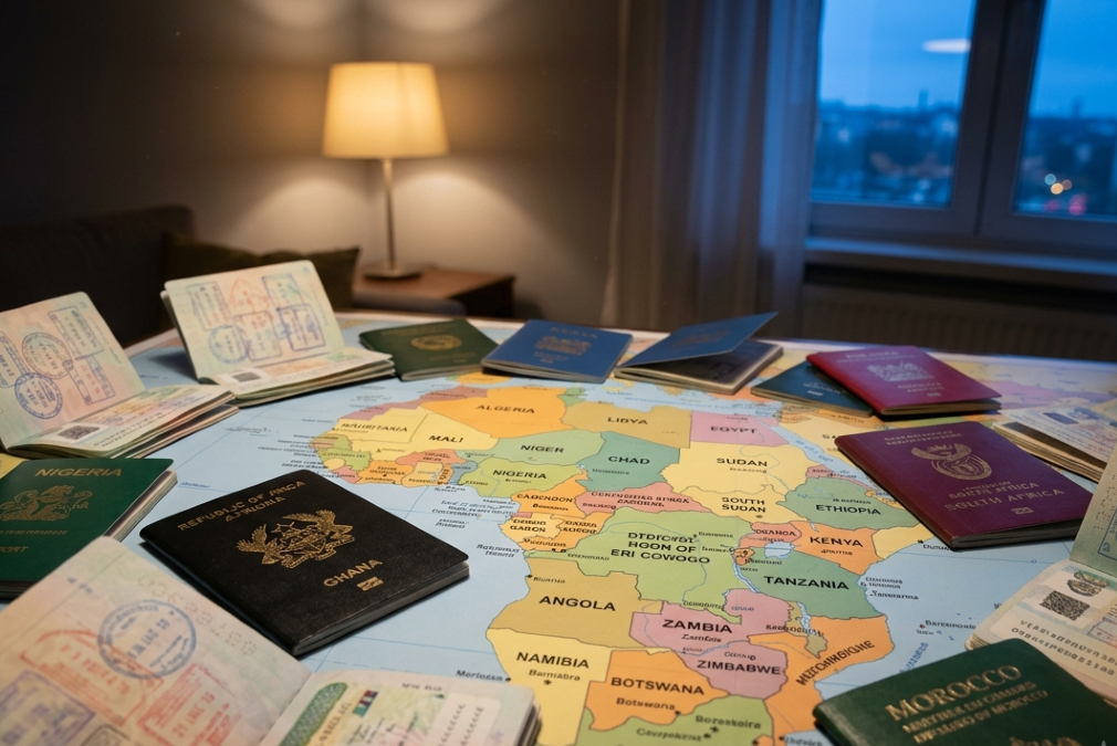 Please generate a realistic image of dimensions 1536 by 1024 from the following theme: African passports and visa stamps arrayed on a map, representing the growing movement toward visa-free travel and policy diffusion across the continent.