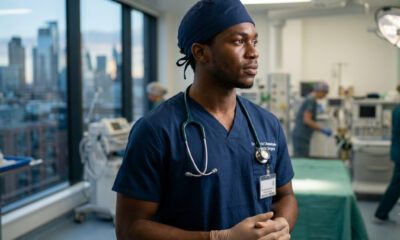 African doctor working internationally, symbolizing skilled talent migration.